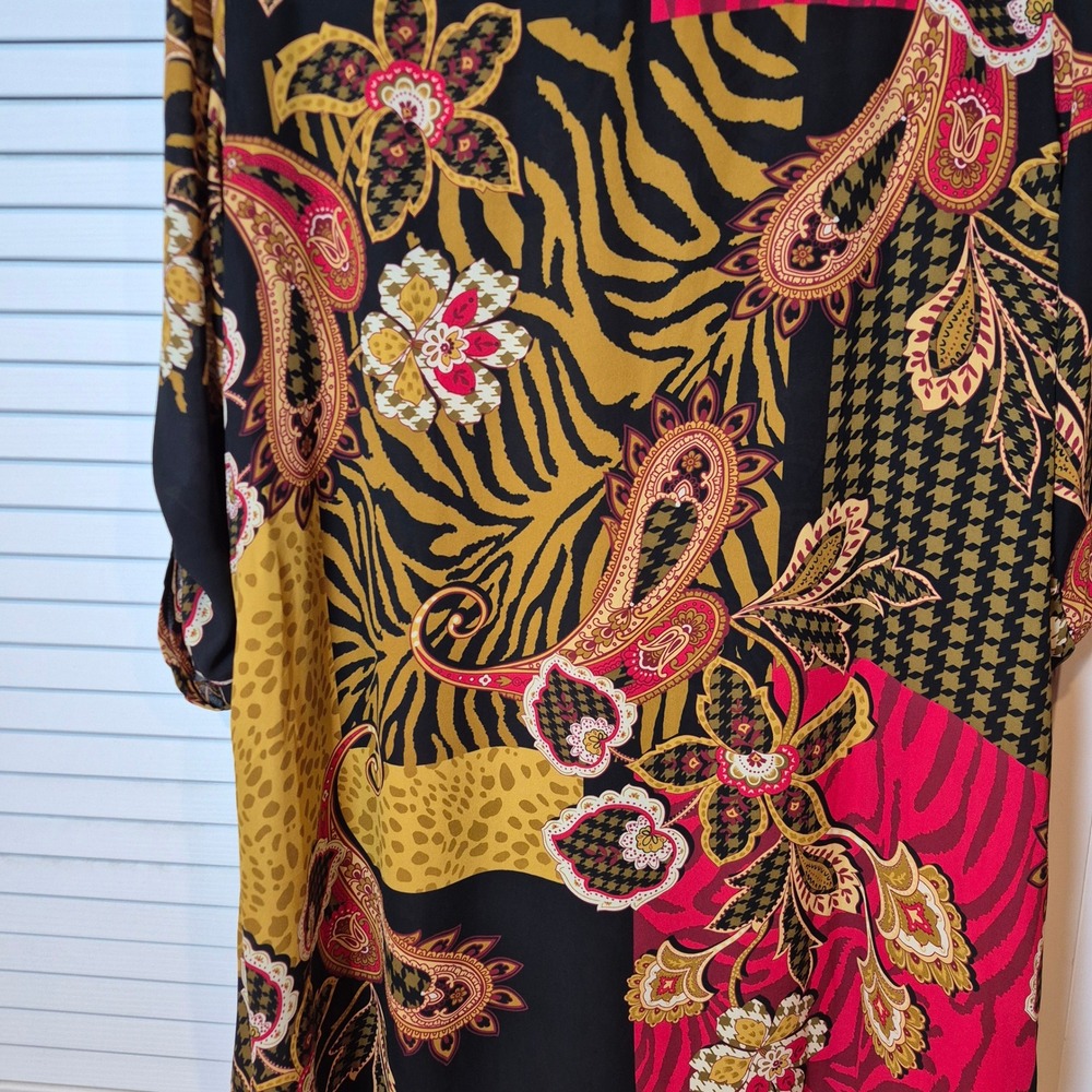 Melissa Paige Patchwork Print Tunic Top Black Red‎ Yellow Roll Tab Sleeve M/L - Picture 10 of 12